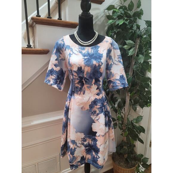 Tiana B Scuba Blue Polyester Round Neck 3/4 Sleeve Casual Knee Length Dress 6 - Picture 13 of 13